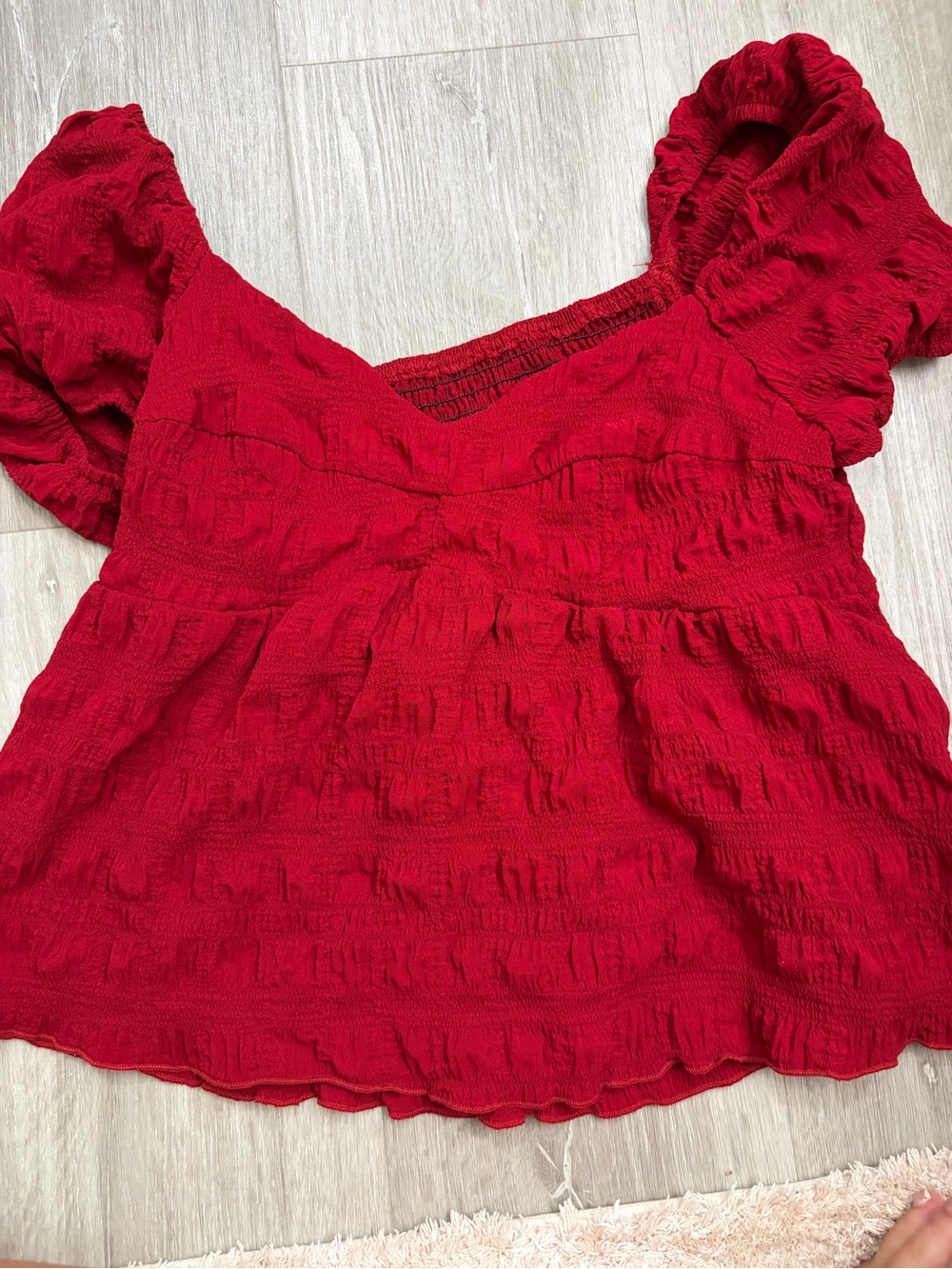 Red Puff Sleeve Smocked Women’s Top